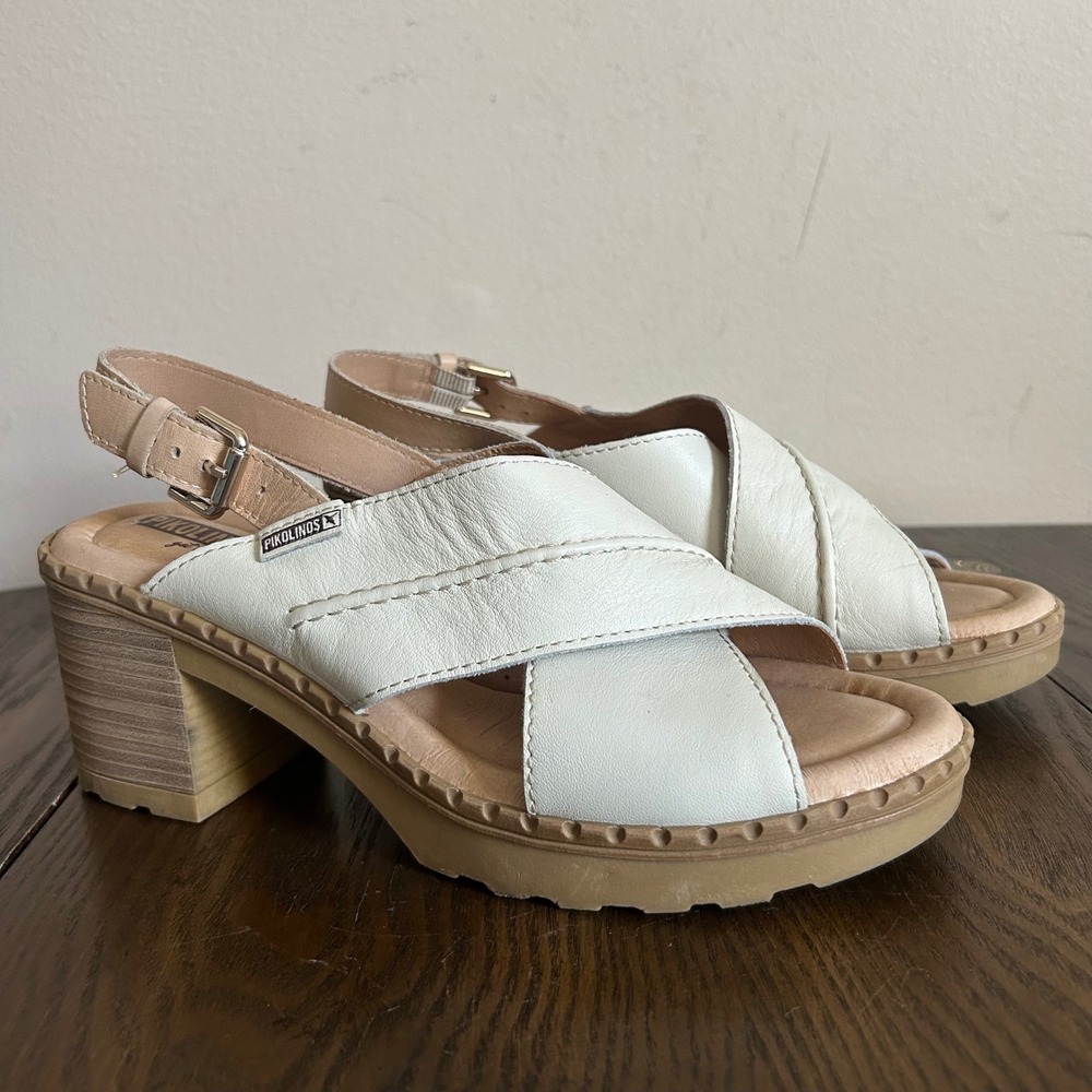 Pikolinos Women Canarias Mid Heel Platform Sandals White Tan Block Heel 38